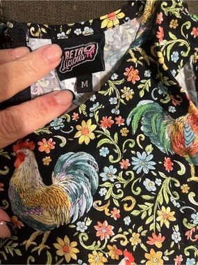Retrolicious Black Multicolor Rooster & Floral Top
